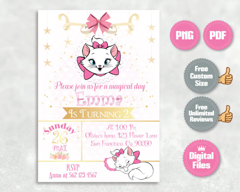 Marie Cat Invitation customized with your own text.